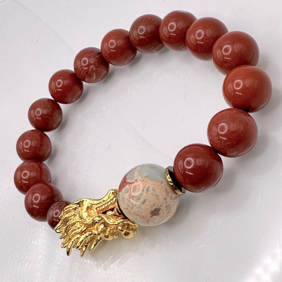YEAR OF THE DRAGON RED JASPER NATURAL STONES BRACELET size 7.5” - Picture 3 of 9